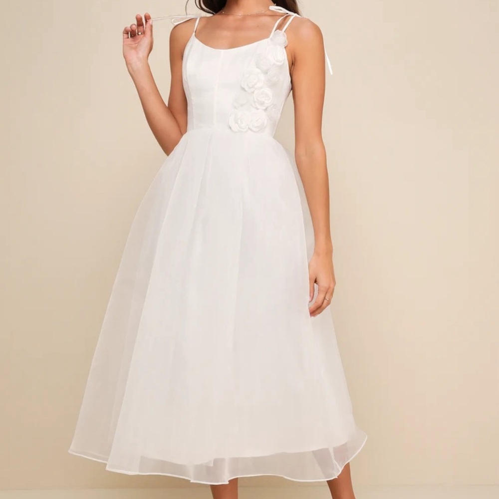 Lulus Bridal Organza Tie-Strap Rosette Midi Dress